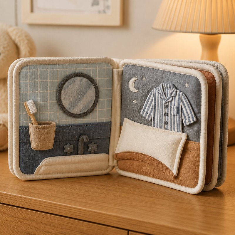 Bedtime Routine Soft Cloth Book fabric texture and stitching details