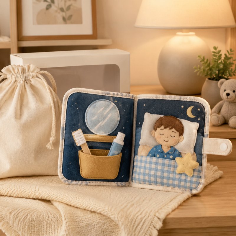 Bedtime Routine Soft Cloth Book gift-ready packaging and details
