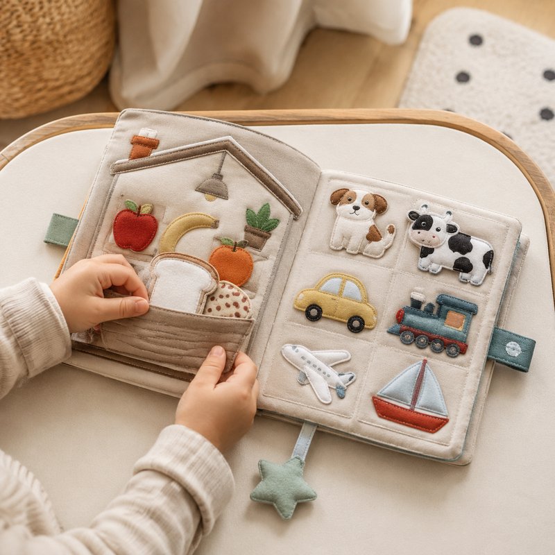 Everyday Words Multilingual Cloth Book in use — baby playing with cloth book