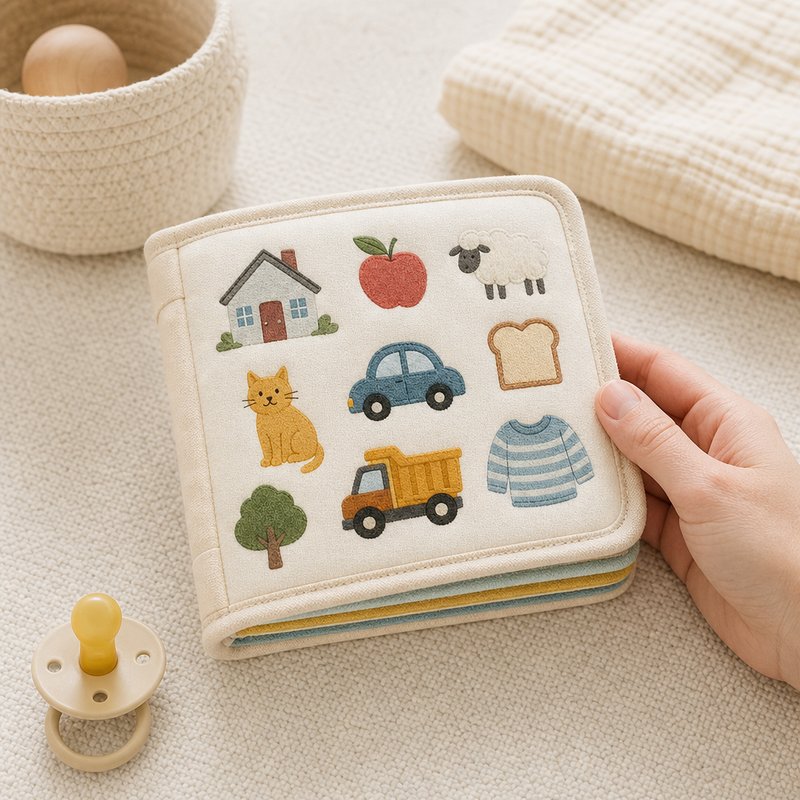 Everyday Words Multilingual Cloth Book size comparison with baby hands