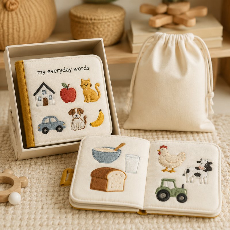 Everyday Words Multilingual Cloth Book gift-ready packaging and details