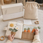 Gift-Grade Quiet Book Set with Packaging in use — baby playing with cloth book