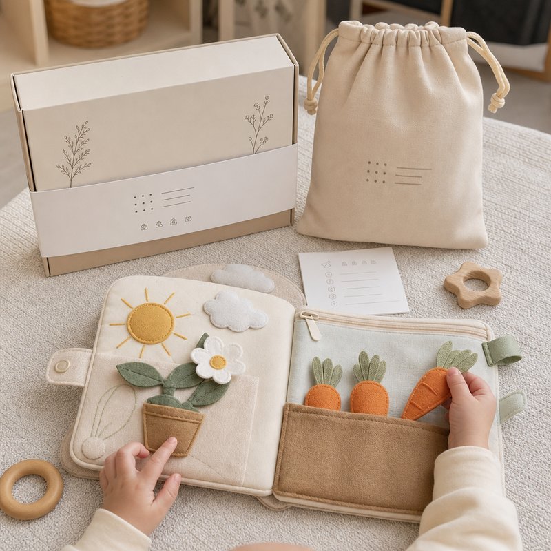 Gift-Grade Quiet Book Set with Packaging in use — baby playing with cloth book