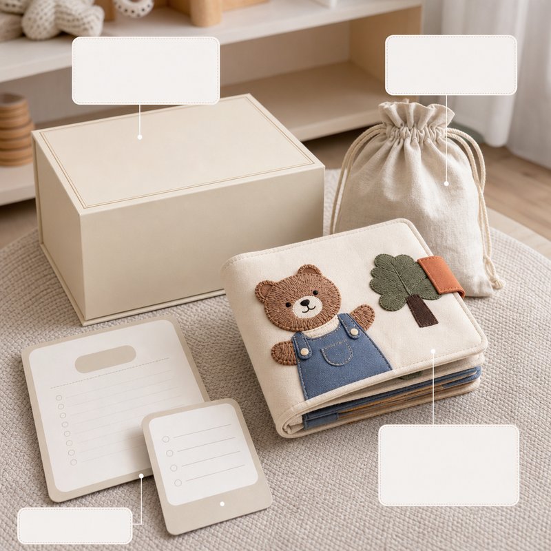 Gift-Grade Quiet Book Set with Packaging close-up — key improvement details