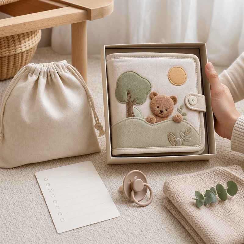 Gift-Grade Quiet Book Set with Packaging size comparison with baby hands