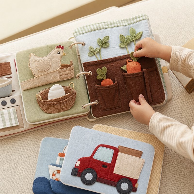 Modular Expandable Quiet Book System in use — baby playing with cloth book