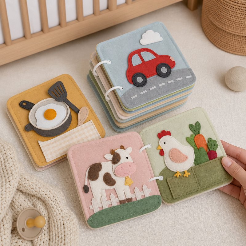 Modular Expandable Quiet Book System size comparison with baby hands