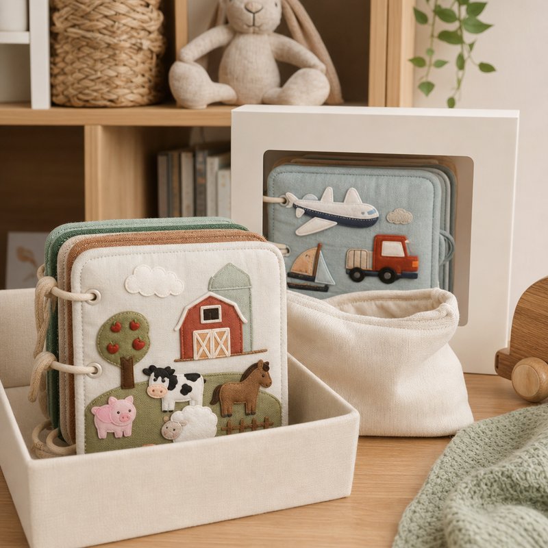 Modular Expandable Quiet Book System gift-ready packaging and details