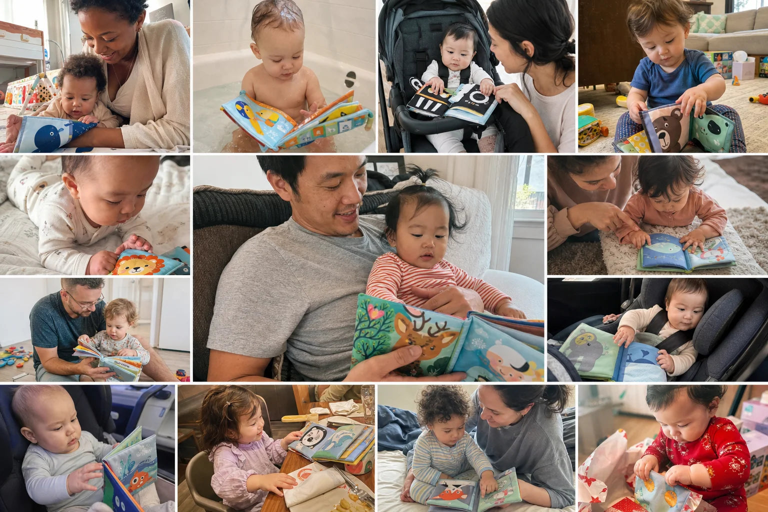 Parents and babies using soft cloth books in everyday home moments