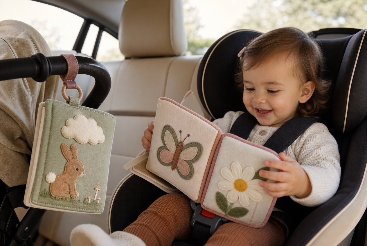 Toddler playing with a soft travel busy book in a car seat
