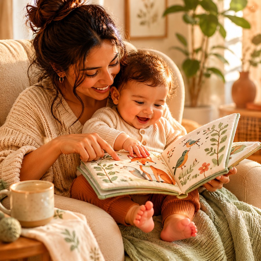 Parent reading cloth book with baby